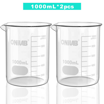 ONiLAB Glass Measuring Beaker Set 50ml 100ml 250ml (Pack of 3) 3.3 Boro Griffin Low Form with Printed Graduation Scientific Glassware for Laboratories, Classrooms or Home Use 13900244