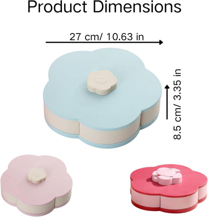 Flower-Shaped Divided Serving Tray that Spins – 5-Compartment Rotating Snackle Box Container with Lid, Decorative Round Veggie & Fruit Platter, Lazy Susan for Kitchen, Party, Gift (BPA-Free) (Red)