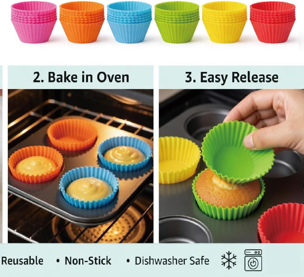 Premium Reusable 30 Pcs Silicone Baking Muffin Cups - 6 Bright Rainbow Colors, Food Grade Non-Stick Liners, Cupcake Molds