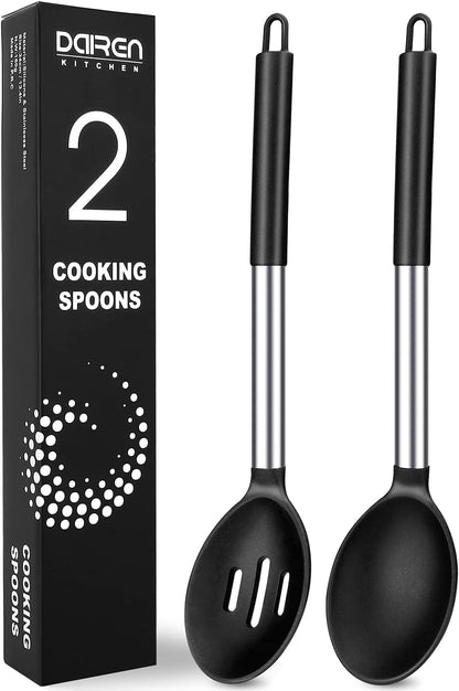 Pack of 2 Large Silicone Cooking Spoons, BPA Free Kitchen Scoops (Black)