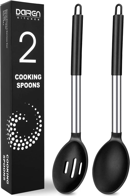 Pack of 2 Large Silicone Cooking Spoons, BPA Free Kitchen Scoops (Black)