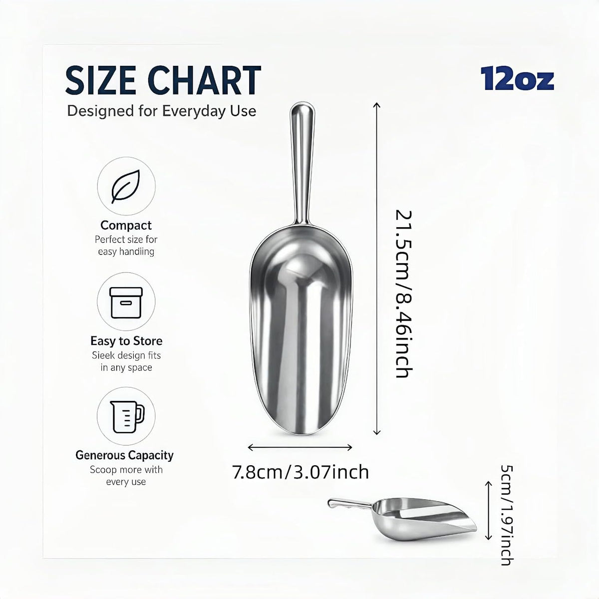 Cast Aluminum 5oz Utility Scoop, Round Bottom Multi-Purpose Ice Scooper with Finger Groove Handle,Food Grade Solid Conical Scoop for Ice Maker Flour Cereal Popcorn Pet Food