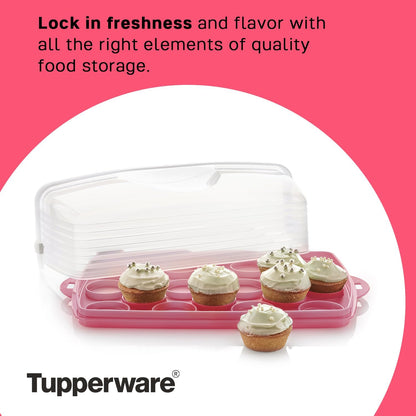 Tupperware, Rectangular Cake and Cupcake Carrier in Pink, Holds 18 Cupcakes