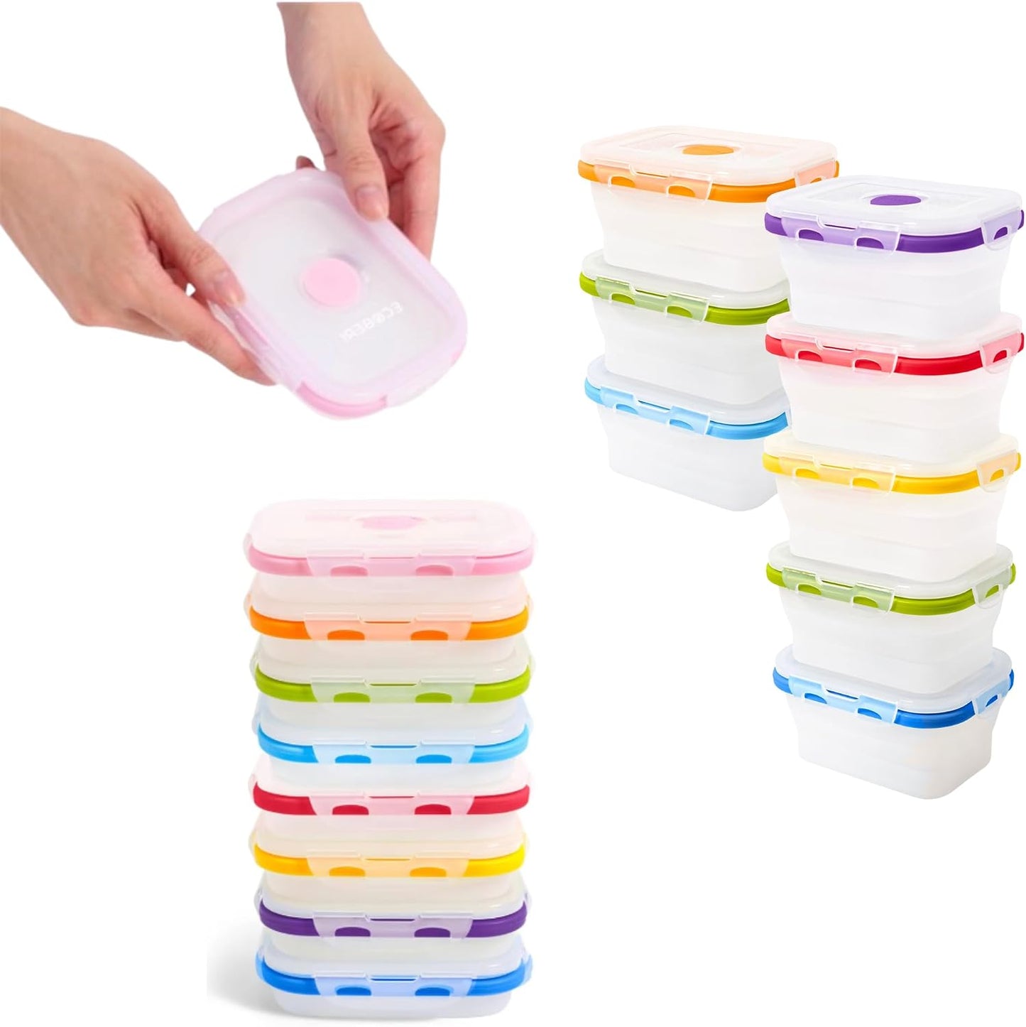 ECOBERI Collapsible Silicone Food Storage Containers, BPA Free, Microwave, Freezer and Dishwasher Safe, Lunch, Meal Prep, Travel, Space-Saving