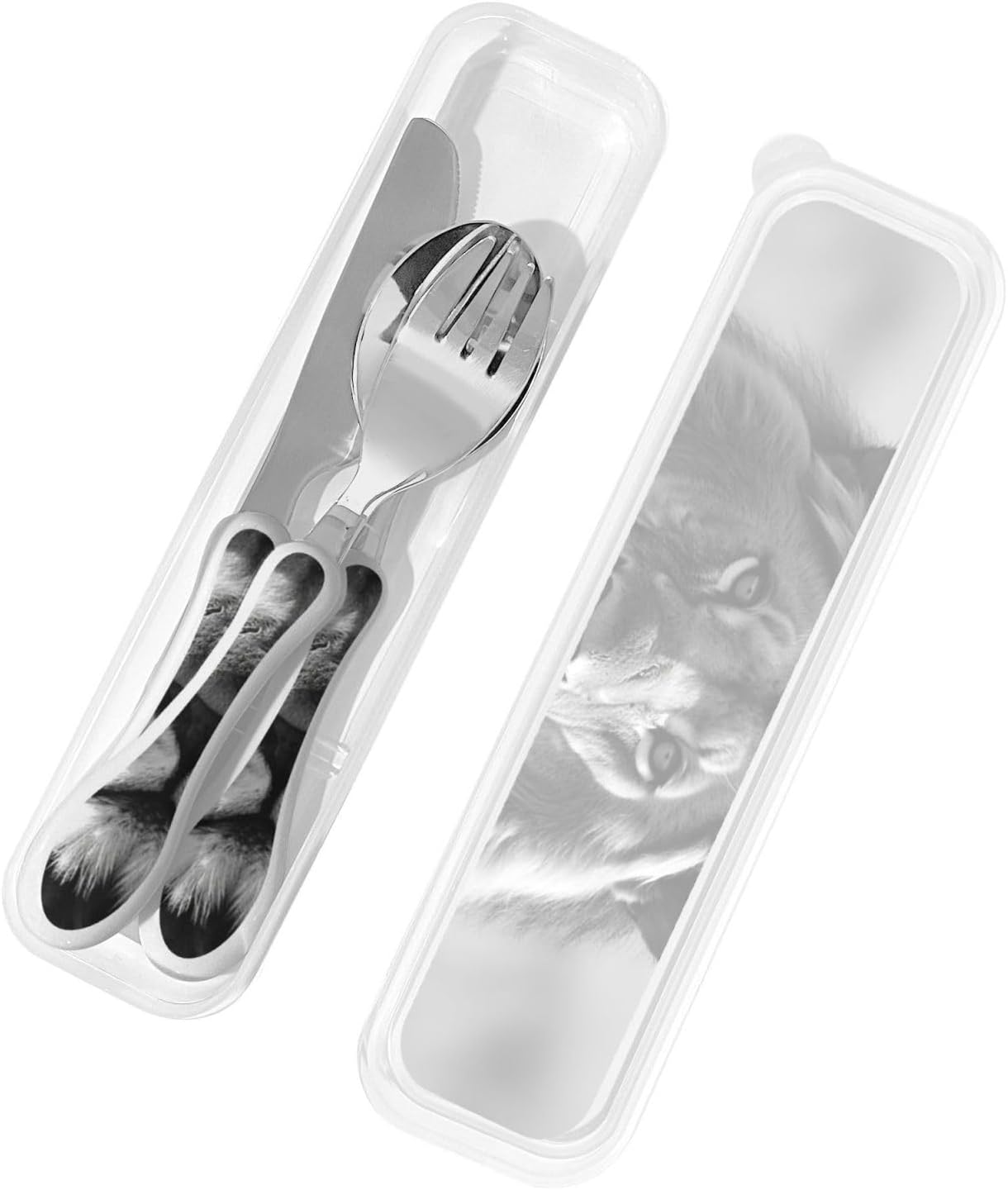 3-Piece Kids Silverware Set With Storage Case, Stainless Steel Reusable Children Safe Knife Spoon Fork Set African Lion Black And White Children Flatware Set For Kids Lunch Box