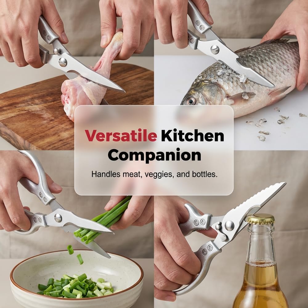 Heavy Duty Kitchen Scissors for Food, 2026 New Stainless Steel Bone Cut Kitchen Scissors Poultry Shears, Multi-Purpose Kitchen Shears for Meat Chicken Bone Fish Turkey Vegetables Seafood (1pc)