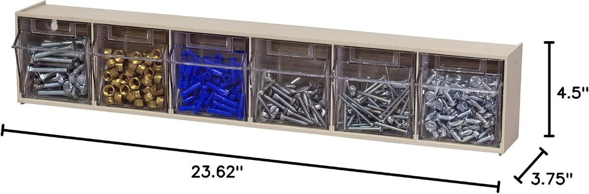 Akro-Mils TiltView Plastic Storage Cabinet with 6 Tilt Out Bins, Horizontal Organizer, Teacher Toolbox, and Office Supply Organizer, 23-5/8" W x 3-1/2" H x 3-3/4" D, Stone