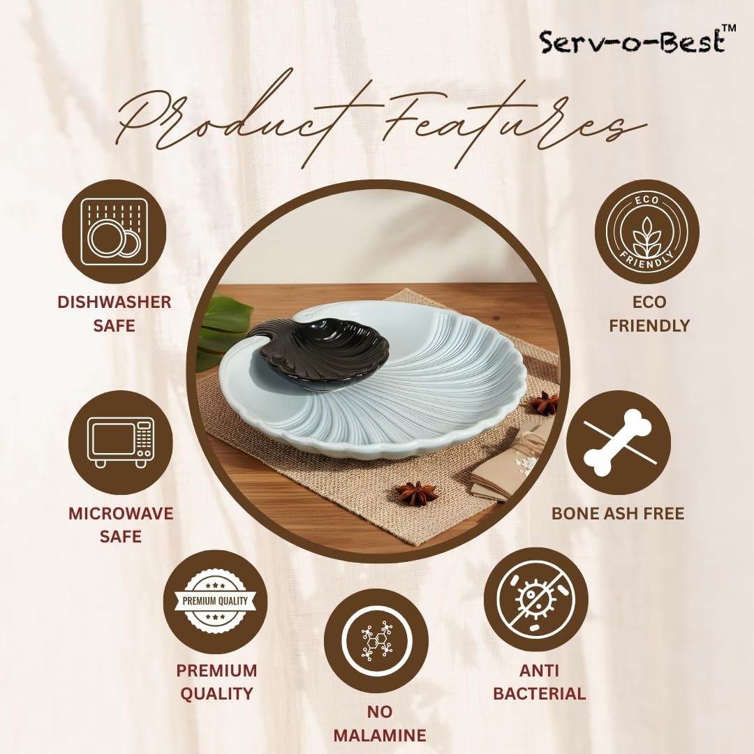 Servo Best Grey Ceramic Chip and Dip Platter, Shell Design Appetizer Serving Tray with Built-In Dip Bowl, Sectioned Snack Platter for Chips Salsa Veggies, Party Entertaining Serveware Gift