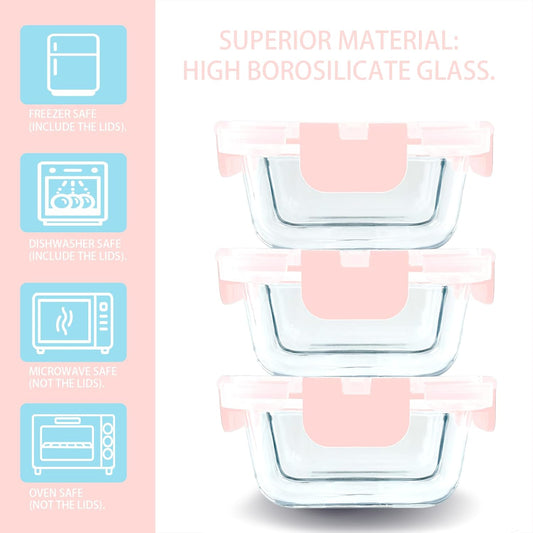 Bariatric Meal Prep Containers 3 Pack, 8 oz Portion Control Containers for Bariatric Meals with Two 4 oz Compartments, Reusable Glass Snack Food Containers with Lids (Pink)