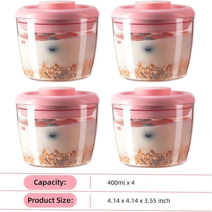 Glass Overnight Oats Containers with Lids, Meal Prep Containers Airtight Food Storage Containers Wide Mouth Snack Jars, Leakproof BPA-Free Pop Lid Bowl for Breakfast Leftovers 14oz 400ml Set of 4