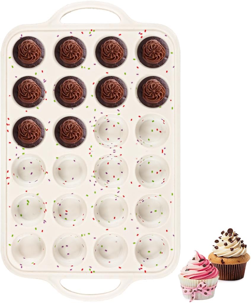 Silicone Muffin Pans With Metal Reinforced Frame - 24 Cups Durable Silicone Baking Pan for Muffins, Cupcakes, BPA Free and Dishwasher Safe - Beige with Rainbow Spots, Set of 2
