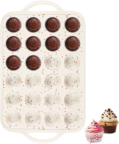 Silicone Muffin Pans With Metal Reinforced Frame - 24 Cups Durable Silicone Baking Pan for Muffins, Cupcakes, BPA Free and Dishwasher Safe - Beige with Rainbow Spots, Set of 2
