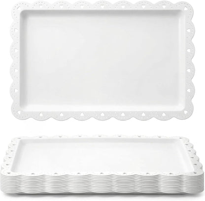 12-Pack White Serving Tray Set, 14.4" X 9.3" Rectangle Disposable Plastic Platters for Cookies, Desserts, Appetizers, Party, Wedding, Catering & Restaurant Use