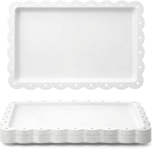 12-Pack White Serving Tray Set, 14.4" X 9.3" Rectangle Disposable Plastic Platters for Cookies, Desserts, Appetizers, Party, Wedding, Catering & Restaurant Use