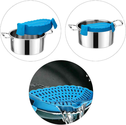 Blue Silicone Clip On Strainer, Universal Pot Colander for Draining Pasta, Vegetables and Kitchen Cooking