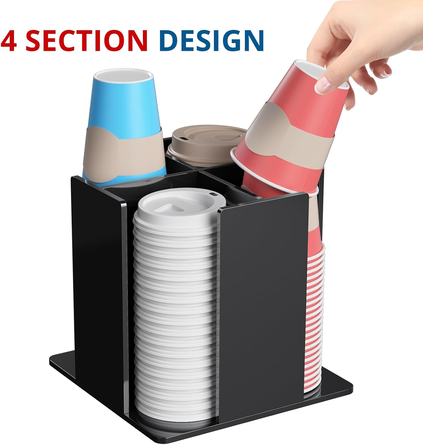 KOTEMON Cup and Lid Holder, 4 Compartment, Square | Rotating Coffee Cup Dispenser Lid Carousel for Restaurant, Buffet, Coffee Station, Bar, Countertop, Clear Acrylic