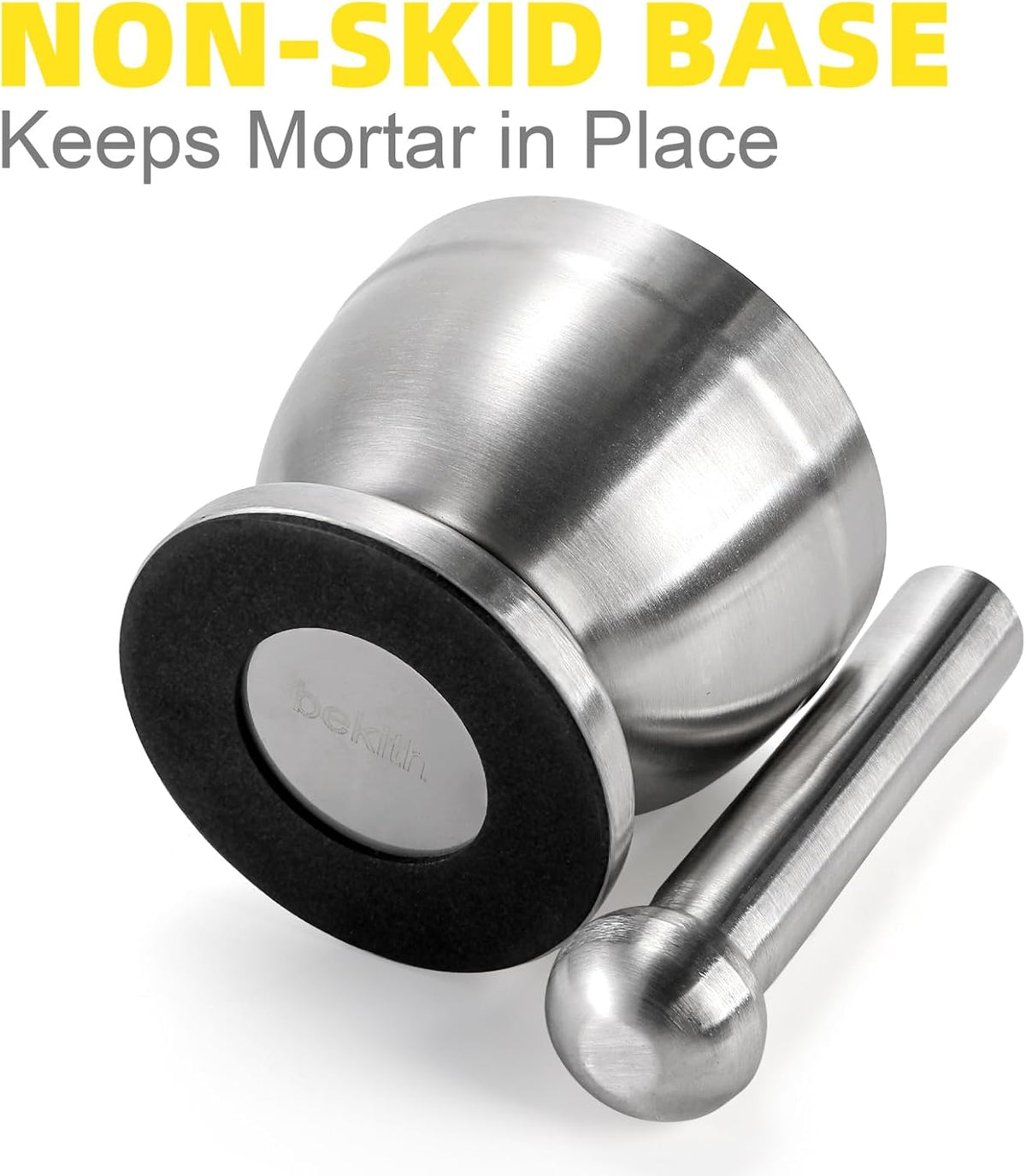 Bekith Mortar and Pestle Sets 18/8 Brushed Stainless Steel Spice Grinder Pill Crusher Molcajete Herb Bowl