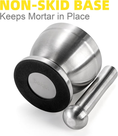 Bekith Mortar and Pestle Sets 18/8 Brushed Stainless Steel Spice Grinder Pill Crusher Molcajete Herb Bowl