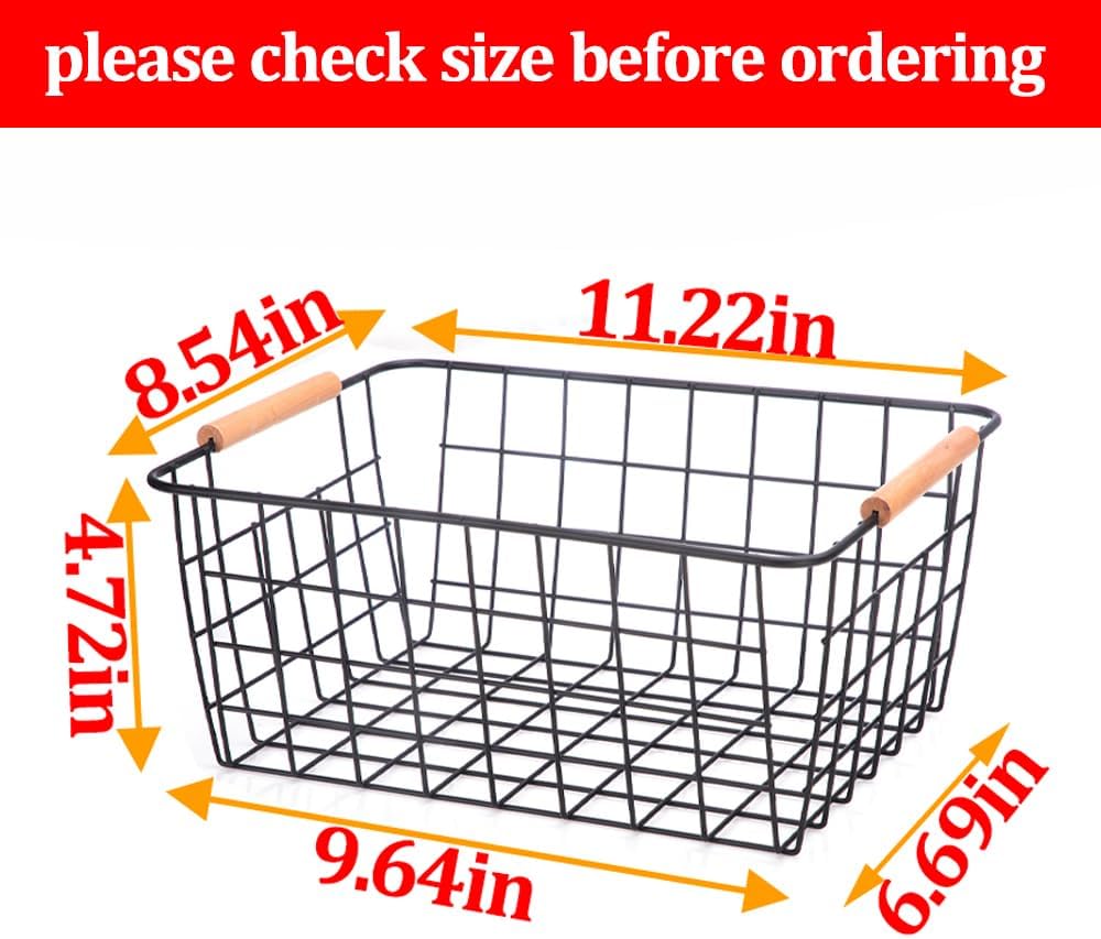 Metal White Wire Basket,Food Storage Organizer with Wooden Handles, pantry organizers and storage for Organizing Kitchen Cabinets potato onion, 2 Packs