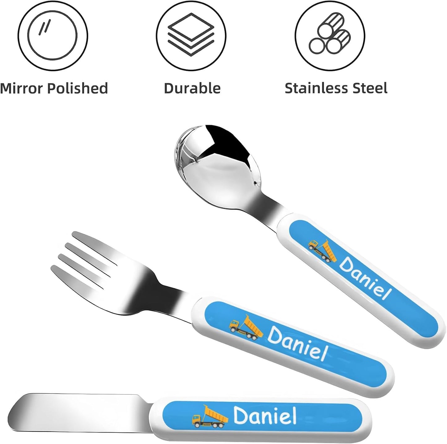 Personalized Stainless Steel Kids Utensils Set Custom Name on Kids Forks Knife and Spoons for 3 Pcs Kid Cutlery Set with Case (Truck)