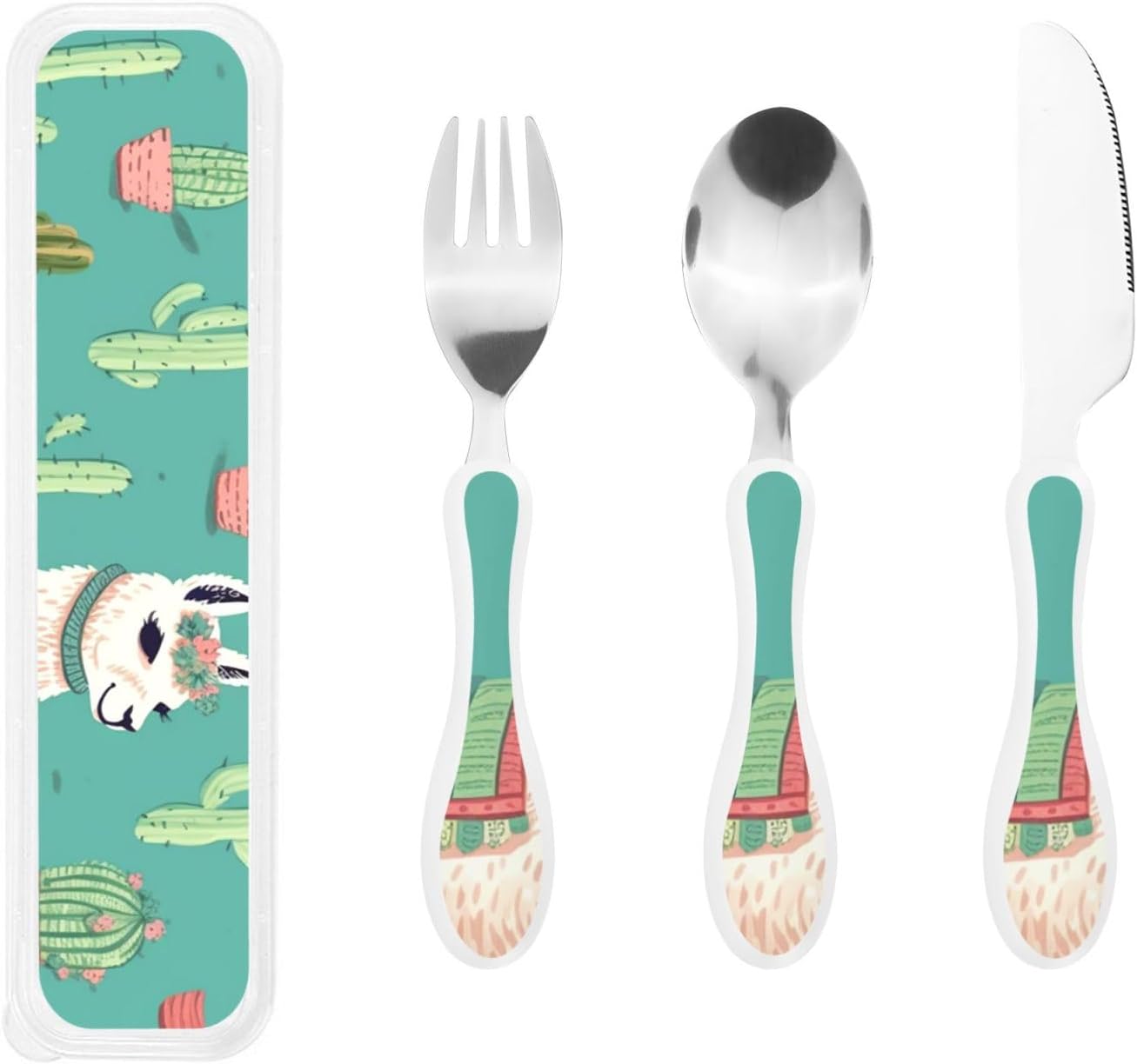 3-Piece Kids Silverware Set With Storage Case, Stainless Steel Reusable Children Safe Knife Spoon Fork Set Alpaca Cactus Children Flatware Set For Kids Lunch Box