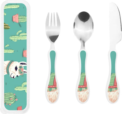 3-Piece Kids Silverware Set With Storage Case, Stainless Steel Reusable Children Safe Knife Spoon Fork Set Alpaca Cactus Children Flatware Set For Kids Lunch Box