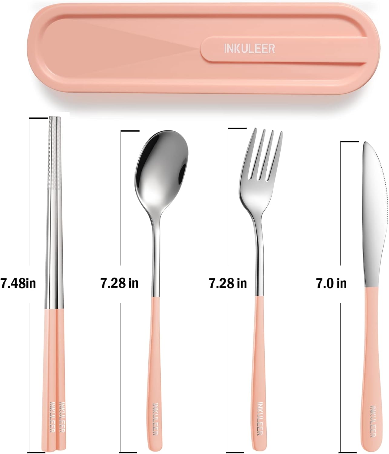 iNKULEER Travel cutlery set, 18/8 stainless steel cutlery, Reusable utensils set with case, Portable Silverware Lunch Box for Camping and Office (Pink)