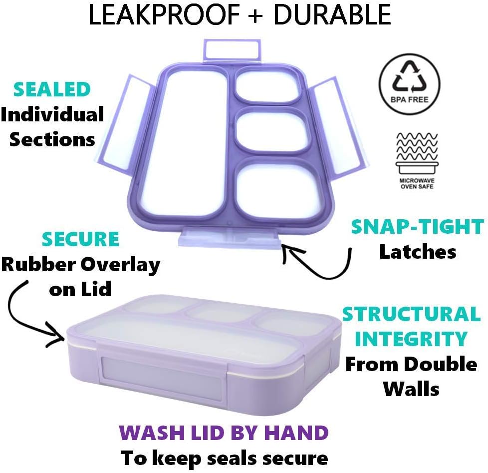 Bento Lunch Box for Kids or Adults, Snack Containers for Boys, Girls, School Daycare Work, 3 Divided Compartments Meal Planning Portion Control, BPA-Free Boxes, Utensils | Blue Purple 2 pack
