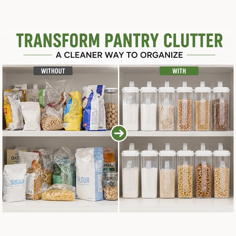 Cereal Containers Storage, Airtight 4 Quart Plastic Pantry Containers with Easy Grip Handles and Pour Spouts for Flour, Sugar, Rice, Cereal and Pet Food