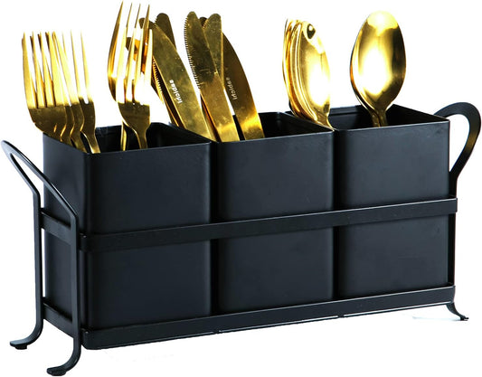 NelyBet Utensil Holder Silverware Caddy for Party Countertop, 3pcs Bins Set Silverware Caddy Organizer Holders for Spoon and Fork, White and Black