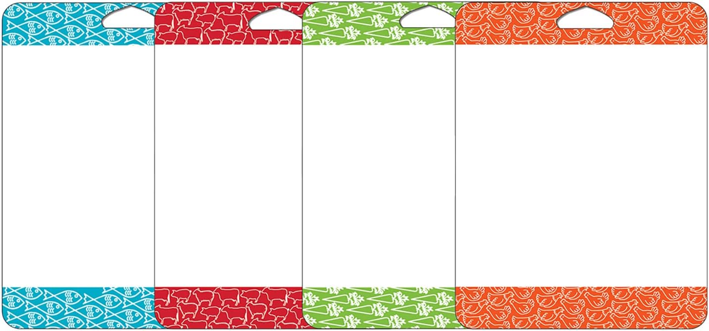 Cut N' Funnel Non-Slip Flexible Plastic Cutting Board Mat 4 Pack, Made in the USA Clear with Brightly Patterned Food Type Borders BPA Free 16" by 12"