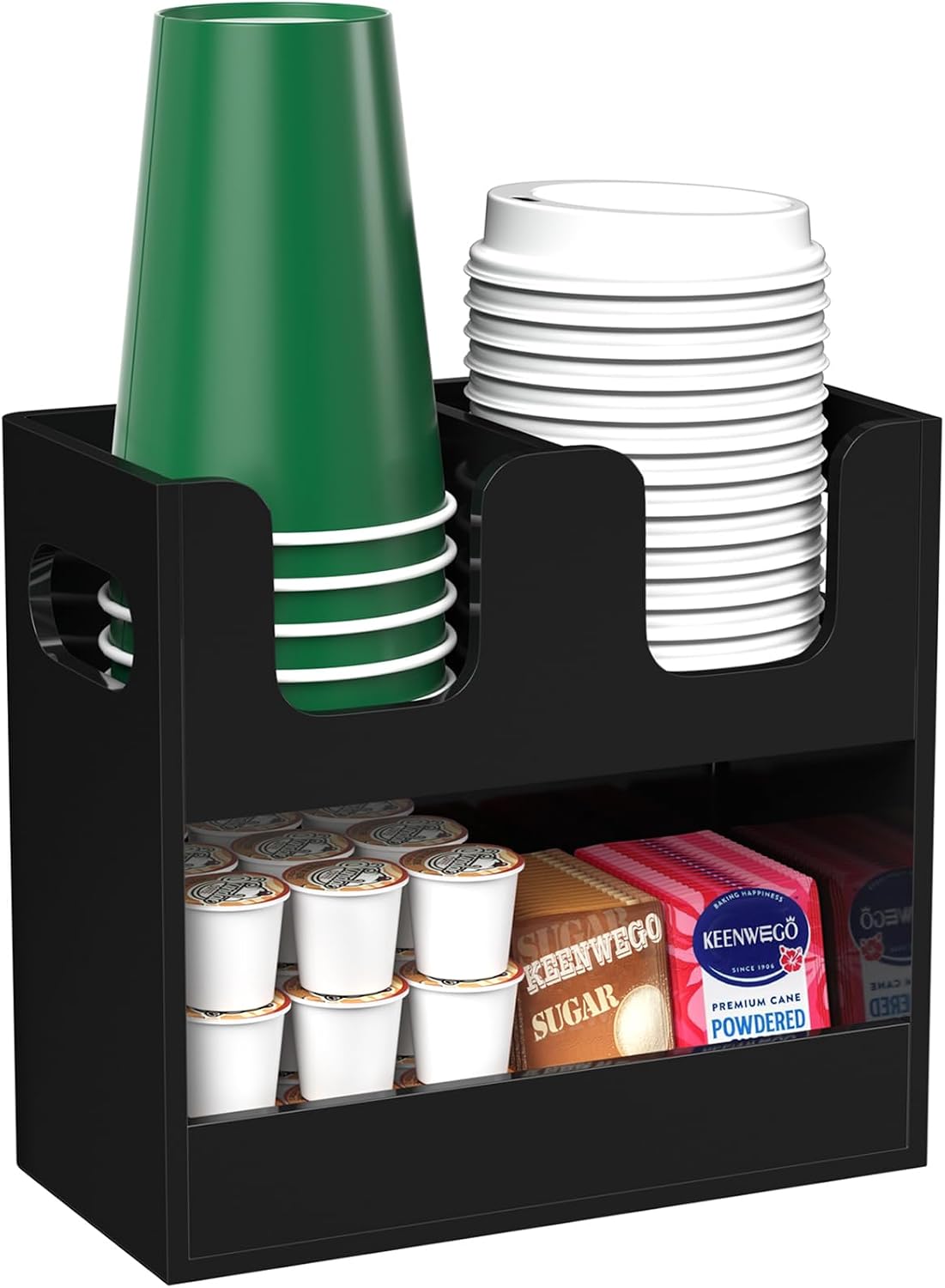 Disposable Coffee Cup Dispenser with Handles, 2-Tier 4 Compartments Clear Acrylic Paper Cup and Lid Storage Organizer for Coffee Bar Kitchen Accessories Restaurant Breakroom Party Supplies