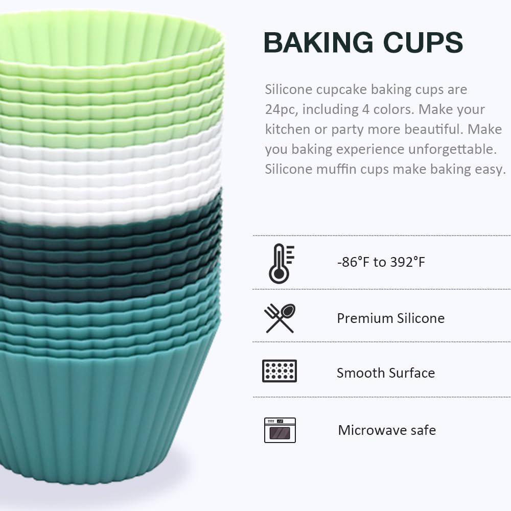 Extra Large Silicone Cupcake Muffin Cups 12 Pcs, 3.54 Inch Muffin Liners, Reusable Jumbo Silicone Baking Cups Easy to Clean, Great for Cupcake, Mousse(3 Green, White)