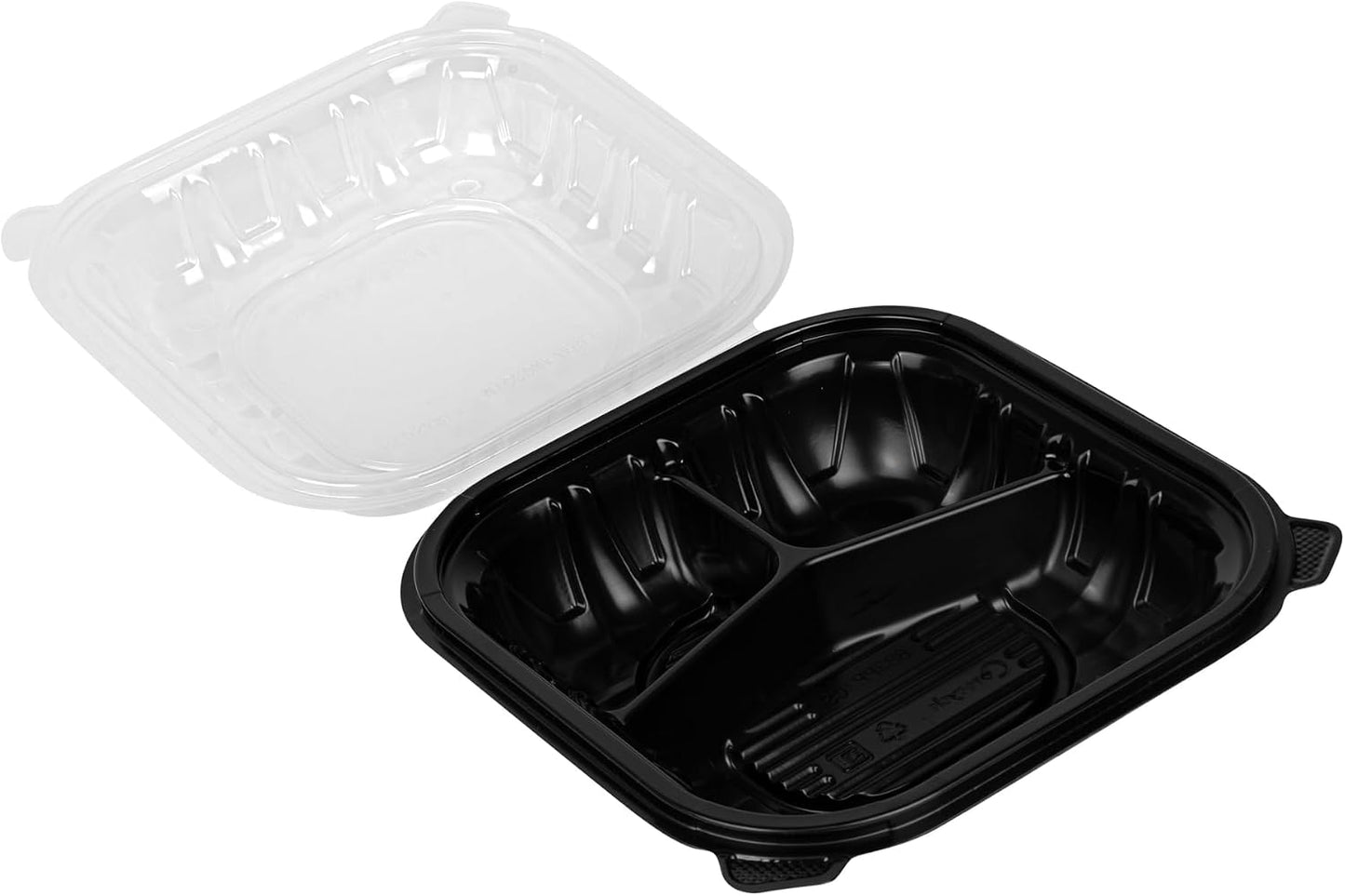Thermo Tek 40 Ounce Clamshell Containers, 50 Disposable Take Out Boxes - 3 Compartments, Ventilated Lids, Black Plastic Meal Prep Containers, Microwavable, For Pasta Or Salads - Restaurantware