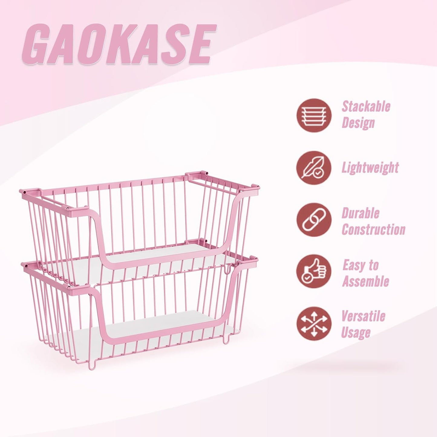 GAOKASE 4 Pcs Stackable Wire Baskets for Pantry Organizers and Storage,Vegetable Fruit Basket for Countertop,Kitchen Storage Metal Baskets,Produce Potato Onion Storage Bin-Black