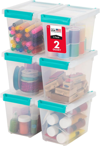 IRIS USA 12 Qt. Craft Storage Bins with Lids, 4-Pack, |Made in USA|, Clip Box, Medium Plastic Sensory Bin Tote Organizer Containers for Art Supplies, Paper, & Office, Stackable - Clear/Seafoam Blue