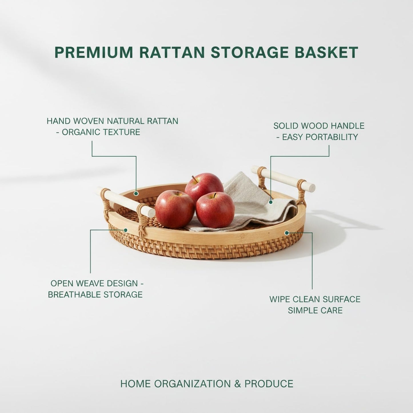 Hand Woven Rattan Basket with Wood Handle, Open Weave Storage Bin for Countertop Organization, Produce, and Snacks