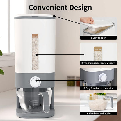 KVEYE Rice Dispenser 25 Lbs, Large Cereal Dry Food Storage Containers with Measuring Cup,Upgraded Built-in Fresh Box, Lids for Home Kitchen Pantry Soybean Corn ‎Gray (Y-2)