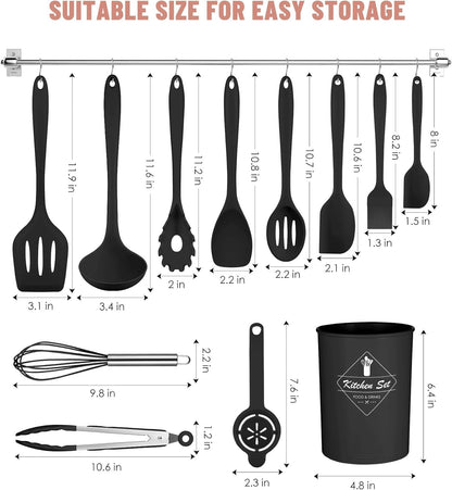 12-Piece Silicone Kitchen Utensil Set with Holder - Heat Resistant Cooking Tools (Black)