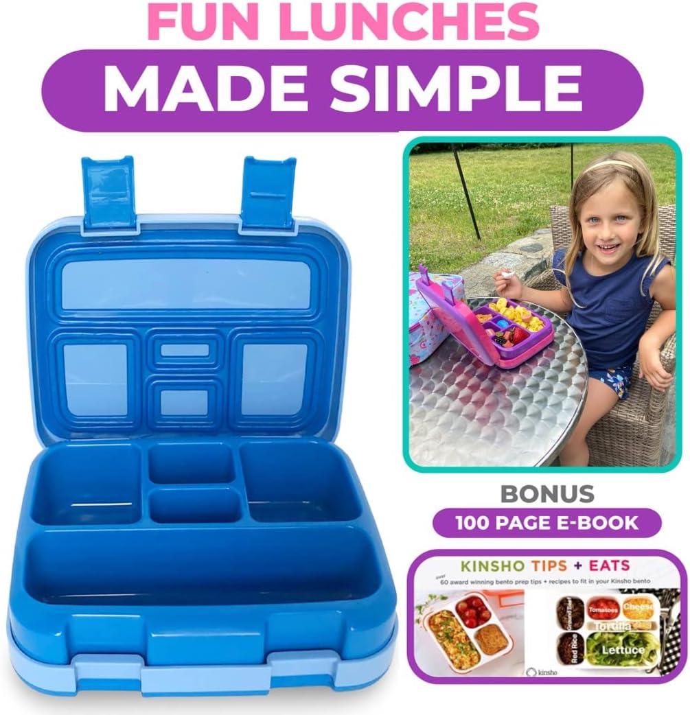Kinsho Bento Lunch Box for Kids Toddlers, 5 Portion Control Sections, BPA Free Removable Plastic Tray, Pre-School Kid Toddler Daycare Lunches, Snack Container Ages 3 to 7 (Blue Space Rockets)