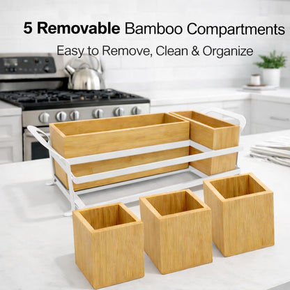 Bamboo Utensil Caddy with Handle - 5 Compartment Silverware Holder for Party & Kitchen Countertop - Removable Wooden Flatware Organizer for Picnic, BBQ, Buffet, RV & Outdoor Dining