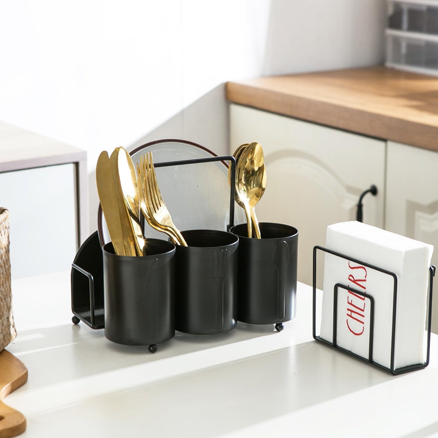 NelyBet Silverware Caddy Utensil Holder for Countertop Utensil Caddy with Paper Plate Napkin Holder Cutlery Flatware Silverware Organizers for Outdoor Party Camping Picnic - Black Metal