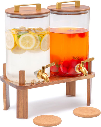 2 PACK 1.5 Gallon Glass Beverage Dispenser with Wooden Lid, Drink Dispenser with Wooden Stand, Lemonade Dispenser with Stainless Steel Leak-Proof Spigot for Parties, Weddings