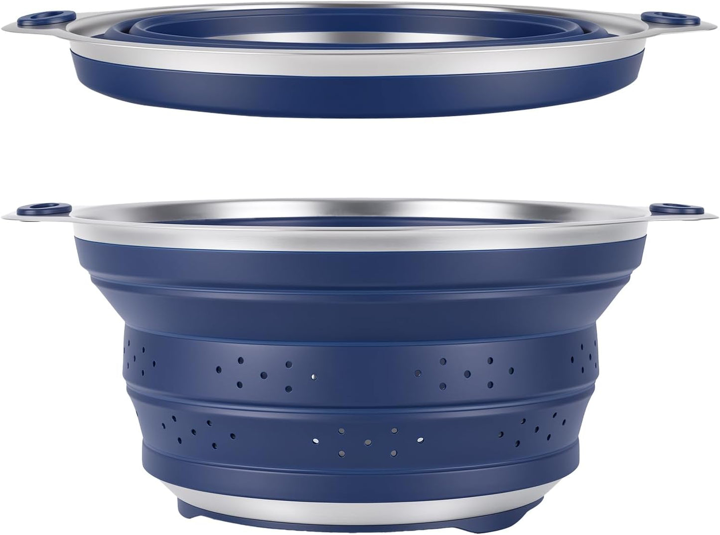 Collapsible Colander Set with Silicone Mat,2-in-1 Stainless Steel Colander for Kitchen, Foldable Metal Colander, Space-Saving for Pasta Veggies Fruit(NAVY BLUE)