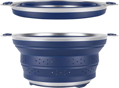Collapsible Colander Set with Silicone Mat,2-in-1 Stainless Steel Colander for Kitchen, Foldable Metal Colander, Space-Saving for Pasta Veggies Fruit(NAVY BLUE)