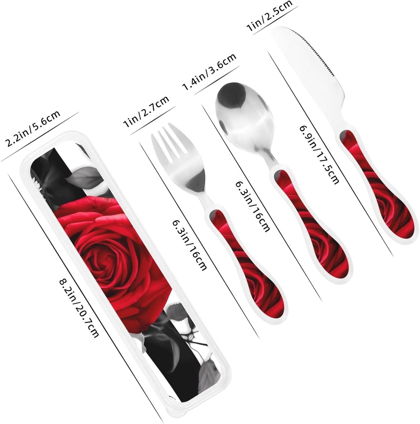 3-Piece Kids Silverware Set With Storage Case, Stainless Steel Reusable Children Safe Knife Spoon Fork Set Black White Stripes Red Rose Flowers Children Flatware Set For Kids Lunch Box