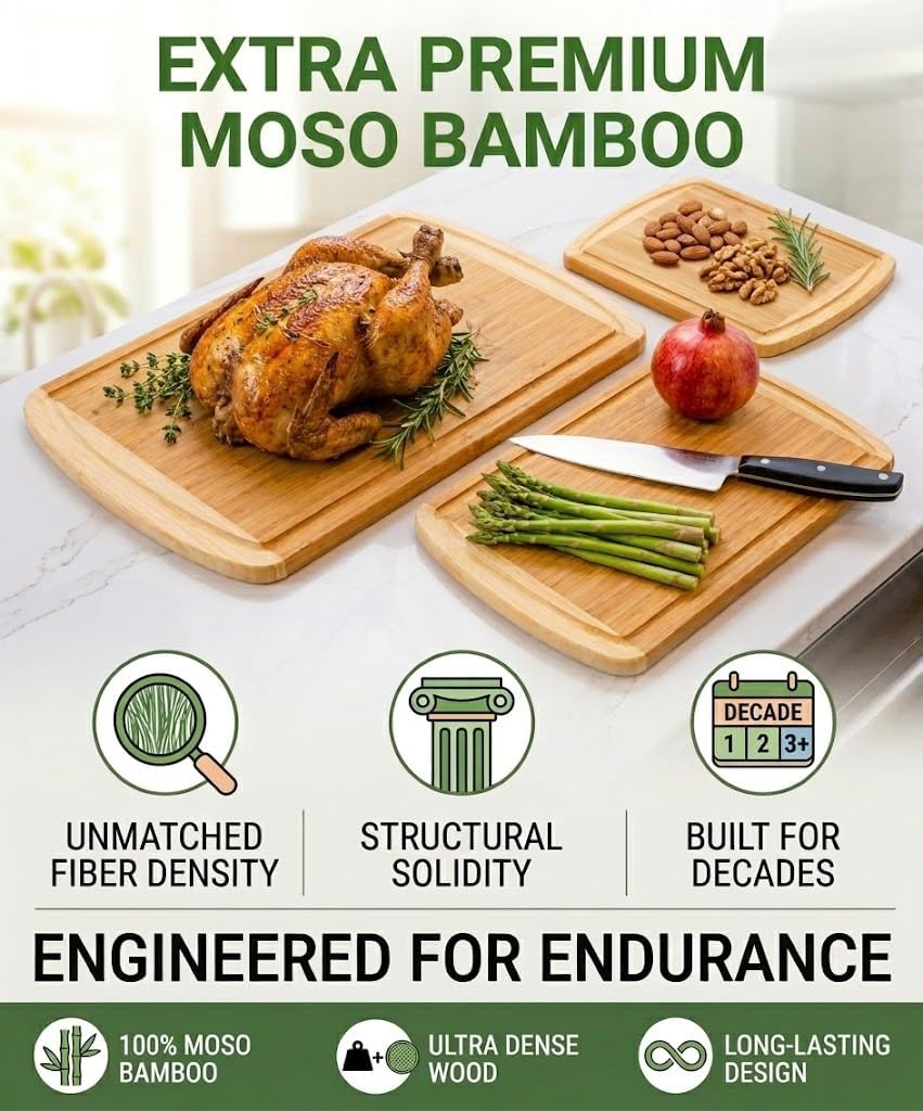 Greener Chef Luxury Wood Cutting Board 3-Piece Set with Vertical Grain Strength Technology - Extra Large Bamboo Cutting Boards for Kitchen with Deep Juice Grooves for Chopping - Lifetime Replacements