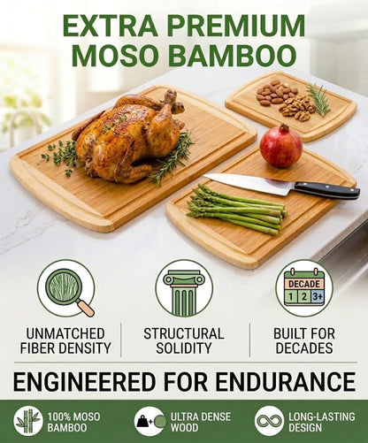 Greener Chef Luxury Wood Cutting Board 3-Piece Set with Vertical Grain Strength Technology - Extra Large Bamboo Cutting Boards for Kitchen with Deep Juice Grooves for Chopping - Lifetime Replacements