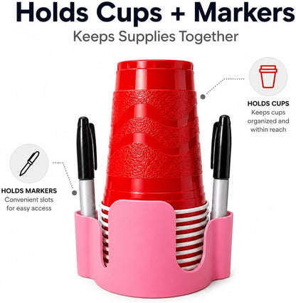Party Cup Dispenser with Marker Holder – Stackable Plastic Cup Organizer for Parties, Events, BBQs, Picnics, Graduations & Drink Stations, Cup and Marker Caddy, Black (Red)