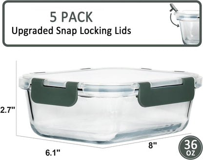 M MCIRCO [5-Packs, 36 Oz Glass Meal Prep Containers with Snap Locking Lids Glass Food Containers,Airtight Lunch Container,Microwave, Oven, Freezer and Dishwasher (4.5 Cup)